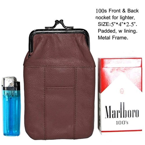 Cigarette Case Holder w Lighter Women Leather Cigarettes 100s Pack Purse Pouch Coin Ciggerate Wallet Framed Cases (5.5 * 4 * 2.5 ", Coffee Kiss Lock)