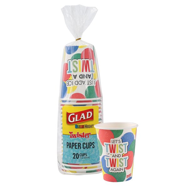 Glad Game Night Twister Disposable Paper Cups | Family Game Night Twister Paper Cups, Classic Board Games Fun, Twister Game Paper Drinking Cups | 12 oz Paper Cups, 20 Count