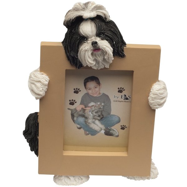 Shih Tzu, Black and White Picture Frame Holds Your Favorite 2.5 by 3.5 Inch Photo, Hand Painted Realistic Looking Shih Tzu Stands 6 Inches Tall Holding Beautifully Crafted Frame, Unique and Special Shih Tzu Gifts for Shih Tzu Owners