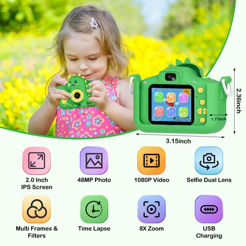 Contixo Kids Camera - HD 1080P Video Camera for Kids, Selfie Toddler Camera for Boys Girls, Kids Digital Camera, Portable Toy Camera for Kids Aged 3-12 with Puzzle Games, Fun Gift, Green Dinosaur