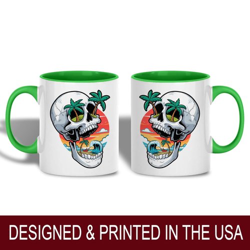 Skull Tropical Island Design Ceramic Mug, 11oz Coffee Cup for Beach Lovers, Unique Summer Vacation Gift, Ocean Sunset and Palm Tree Theme Mug for Office, Home, Reusable Eco-Friendly Tea Cup for Hot