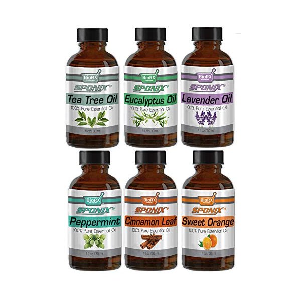 Top Essential Oil Gift Set - Best 6 Aromatherapy Oil - Eucalyptus, Lavender, Tea Tree, Peppermint, Orange, Cinnamon - Therapeutic Grade and Premium Quality - 1 oz Each by Sponix