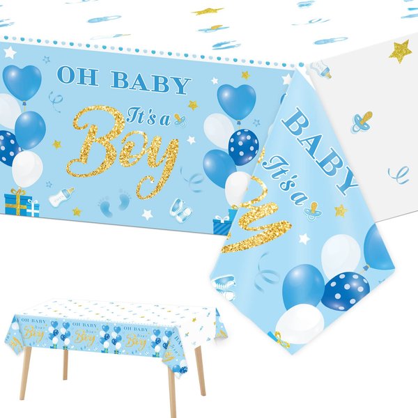 3 Pack Baby Shower Tablecloths Plastic Blue Baby Boy Shower Decorations Gender Reveal Party It's A Boy Table Covers for Baby Boy Birthday Shower Party Supplies, 54 x 108 Inch