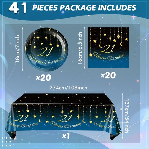 21th Birthday Party Decorations, 41Pcs Starry Sky Party Tableware Set Includes 20 Plate 20 Napkins and 1 Tablecloth, 21 Years Old Birthday Theme Party Supplies for Boys Girls Birthday Party Favors