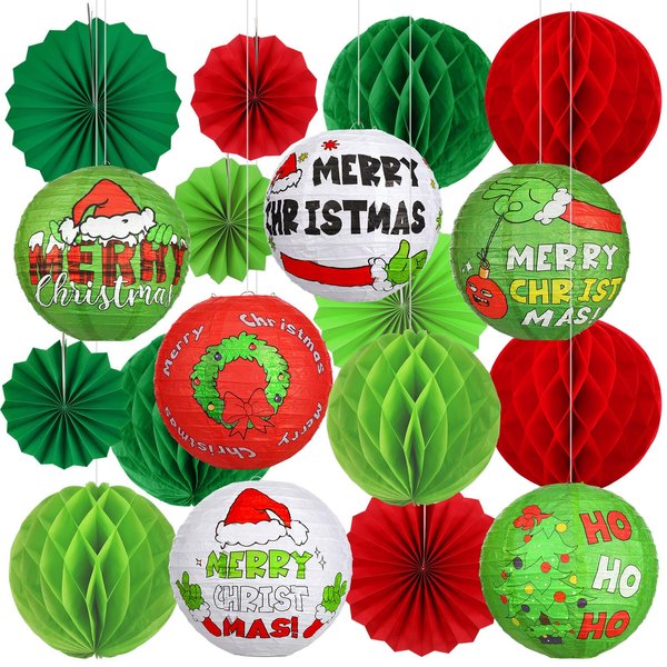 Retisee 18 Pcs Christmas Party Decoration Christmas Paper Lanterns Paper Fans Xmas Party Hanging Honeycomb Ball Red Green White Paper Lanterns for Christmas Party Holiday Ceilings Home Decor Supplies