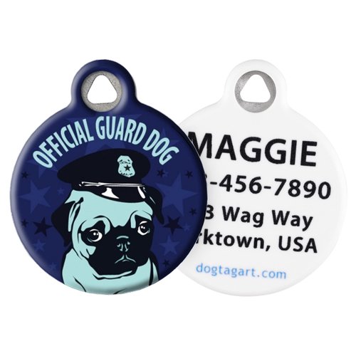 Dog Tag Art Military and Law Enforcement Custom Pet ID Tag for Dogs and Cats, Personalized Dog Tag with Customized Identification Information, Pug Guard, Small (7/8" Diameter)