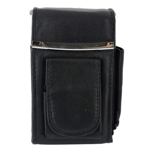 Cigarette Case Holder w Lighter Women Leather Cigarettes 100s Pack Purse Pouch Coin Ciggerate Wallet Framed Cases (4.5 * 3 * 1", Black w Flap)