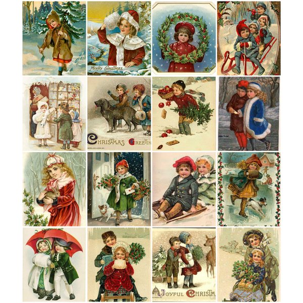 Victorian Vintage Children Christmas Card Collage Sheet 8.5 x 11"