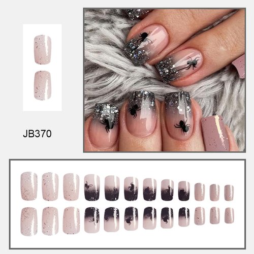 24Pcs Halloween Press on Nails Short Square Spider Fake Nails with Designs Full Cover Glitter Nails Tips False Nails Glossy Artificial Halloween Nails French Tip Acrylic Glue on Nails for Women Girls