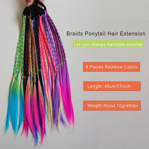 meigick Braided Ponytail Extension for Kids 8 Pieces Colored Braids Hair Extensions with Rubber Bands Rainbow Braided Synthetic Hairpieces Crazy Hair Day Accessories for Girls Party Cosplay Dress Up