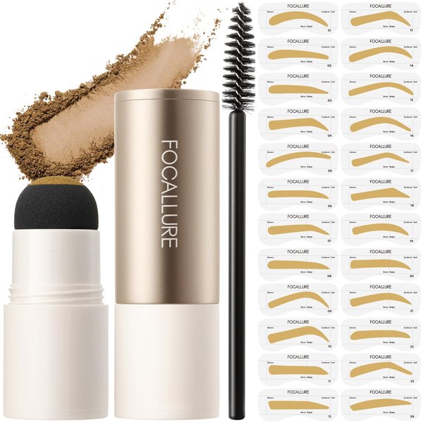 FOCALLURE Eyebrow Stamp and Eyebrow Stencil Kit, 24 Reusable Brow Shape, Sweatproof Eyebrow Powder, Long-Lasting, Easy to Use, Filling and Shaping Perfect Eyebrow Makeup, BLONDE
