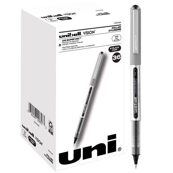 Uniball Vision Rollerball Pens, Black Pens Pack of 36, Fine Point Pens with 0.7mm Black Ink, Ink Black Pen, Pens Fine Point Smooth Writing Pens, Bulk Pens, and Office Supplies (Package may vary)