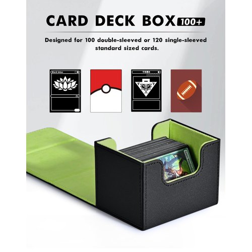 ZLCA Card Deck Box for Trading Cards, MTG Commander Deck Box Holds 120+ Single Sleeved Cards, Leather Magnetic Card Storage Box Fits for TCG CCG Magic Cards (Black&Green)