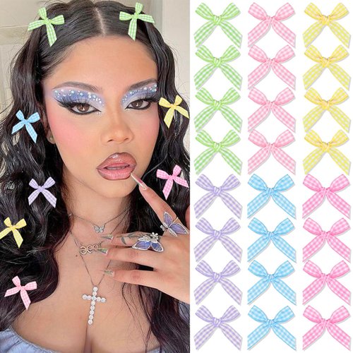 SAWINDA 30PCS Mini Hair Bows Gingham Craft 6 Color Bows for Hair Small Bow Hair Clips Cute Hair Ribbons Bowknot Barrettes Sweet Bows Claw Clips Y2k Hair Clips Accessories for Teens Kids Girls