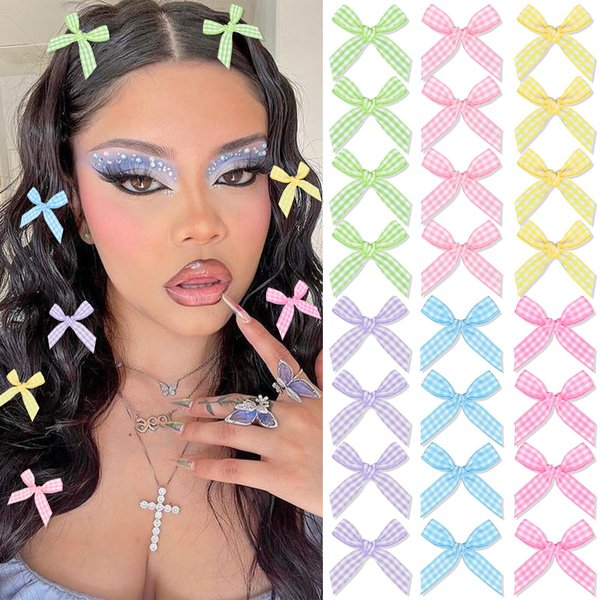 SAWINDA 30PCS Mini Hair Bows Gingham Craft 6 Color Bows for Hair Small Bow Hair Clips Cute Hair Ribbons Bowknot Barrettes Sweet Bows Claw Clips Y2k Hair Clips Accessories for Teens Kids Girls