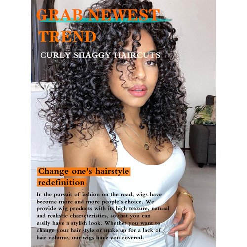 CurlCOO Black Curly Wigs for Black Women Short Kinky Curly with Bangs Synthetic Fiber Glueless Long Kinky Curly Hair 14 inch（Black）