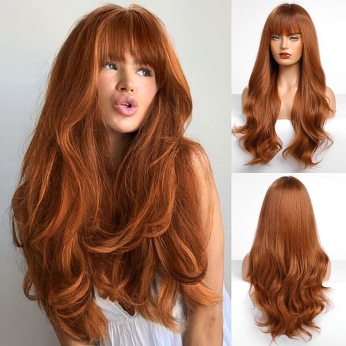 HAIRCUBE Auburn Wig with Bangs for Women Auburn Long Wavy Hair Wig Wig Curly Wavy Synthetic Wigs for Girls Daily Party Use