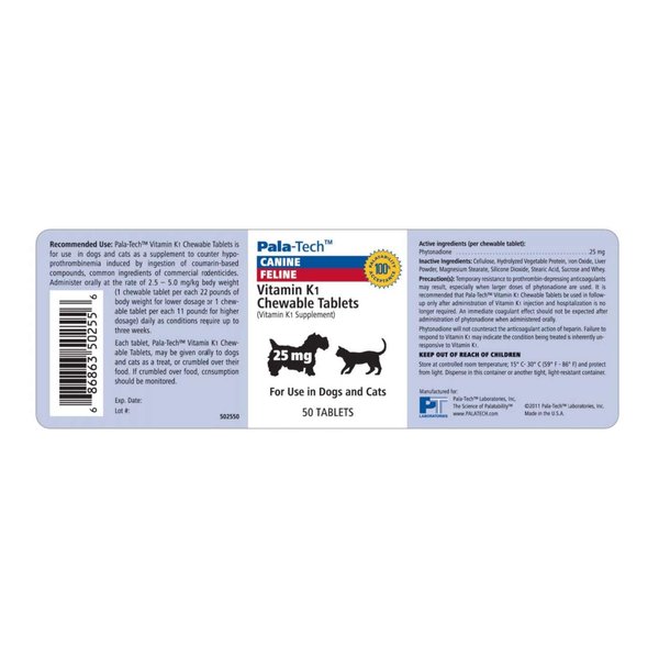 Pala-Tech Vitamin K1 Chewable Tablets For Dogs & Cats, 25 mg, 50 Tablets by Unknown
