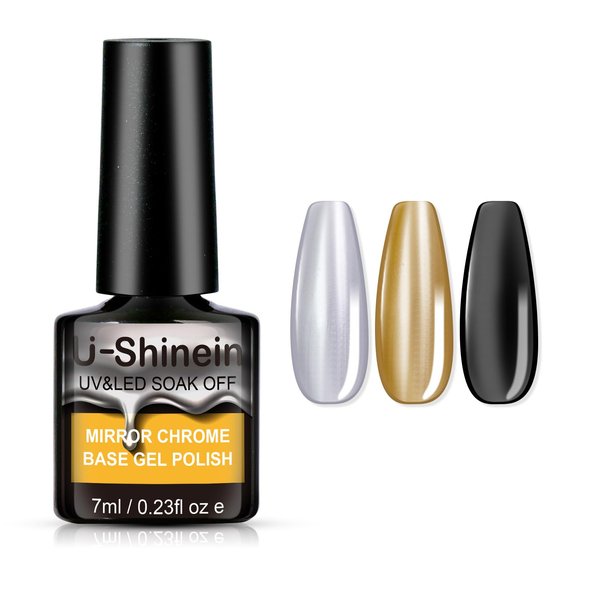 U-Shinein Gel Base Coat for Metallic Gel Nail Polish, 7ml No Wipe High Gloss Base Gel Polish for Metallic Painting Gel, Chrome Gel Nail Polish, Chrome Nail Powder, Easy to Make Mirror Chrome Effect