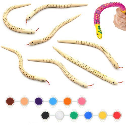 Unfinished Wooden Wiggly Snakes 8 Pcs with 12 Colors Acrylic Craft Paint and 2 Paint Brush - 12” Flexible Natural Timber Snake for Arts and Crafts Themed Birthday Party Supplies, Halloween Prop Toys