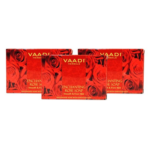 Vaadi Herbals Red Rose Petal Bar Soap with Honey and Aloe Vera Extracts - Handmade Herbal Soap with 100% Pure Essential Oils - ALL Natural - Each 2.65 Oz - Pack of 3 (8 Oz)