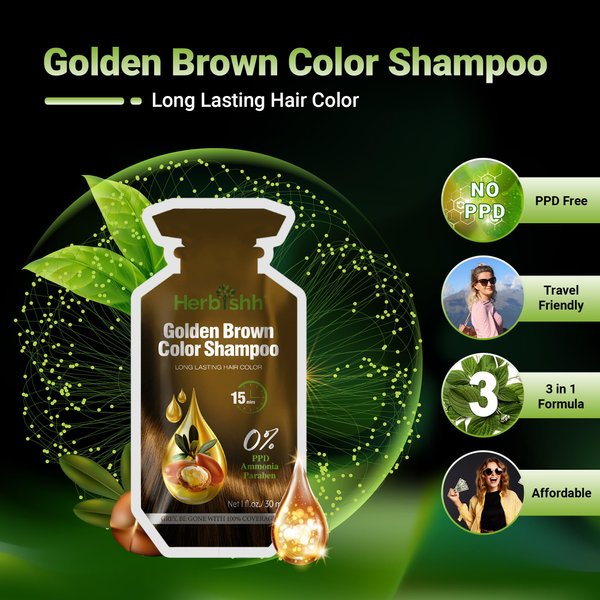 Herbishh Hair Color Shampoo 10 Sachet +1 Argan Hair Mask Pouch | 3 in 1 Hair Dye | PPD Free | Easy to Use | Gray Coverage | Travel Size | Available in 6 Colors | (Golden Brown)