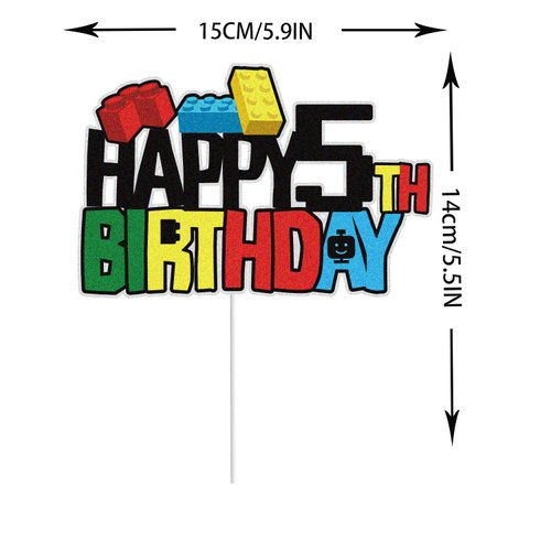 WINPOGEE Building Blocks Happy 5th Birthday Cake Topper Colorful Glitter 5 Five Years Old Building Brick Theme Birthday Party Supplies for Boys Girls Kids