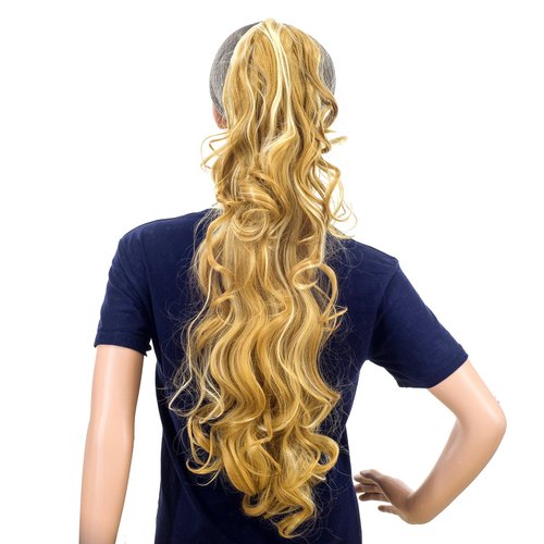 SWACC 24-Inch Long Messy Curls Claw Clip Ponytail Extensions Synthetic Clip in Drawstring Curly Ponytail Hairpiece Jaw Clip Hair Extensions (Blonde Mixed-27H613#)