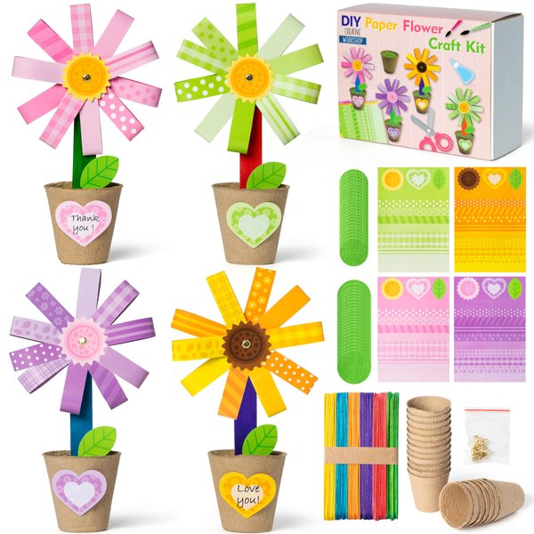 WATINC 24 Pack Teacher Appreciation Flower Paper Pot Craft Kits, Make Your Standing Flowers Gift Crafts Decor, Fun DIY Floral Sunflower Home Graduation School Classroom Art Activities for Kids