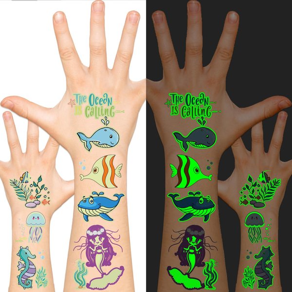 EMOME Glow Tattoos for Kids, Fake Tattoos Stickers for Boys and Girls, Luminous In The Dark Temporary Tattoos Kids, Children Glow Birthday Party Supplies Goodie Bags Stuffers (Mermaid)