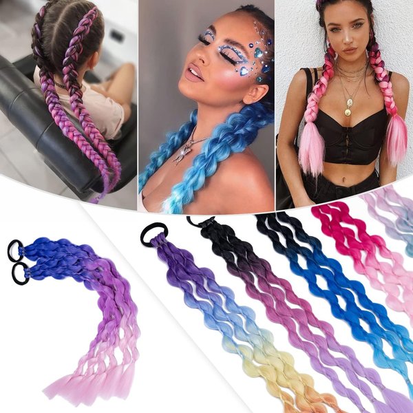 Hairro Colored Braids Hair Extensions with Rubber Bands Rainbow Braided Synthetic Hairpiece Ponytail Hair Accessories for Women Kids Girls Party Highlight 20 Inch 2pcs/Pack