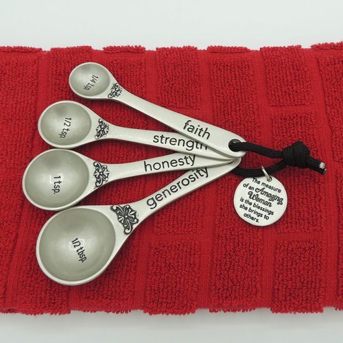 Amazing Woman Measuring Spoon Set, Decorative Gifts and Kitchen Accessories, 4 Spoons, Engraved Pewter and Silver Enamel, By Abbey & CA Gift