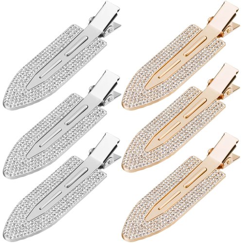 PAGOW 6Pcs Rhinestone No Bend Hair Clips, bangs hair clip with Metal Shiny Styling Diamond ,No Dent No Crease Makeup Hair Clips for Women and Girls (3 Silvery & 3 Gold)