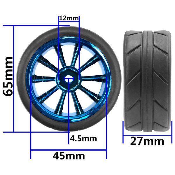 ShareGoo OD 2.55" Rubber Tires w/Plastic Wheel Rims 12mm Hex Compatible with HSP Tamiya Kyosho Traxxas Sakura WLtoys 1/10 RC On Road Racing Touring Car (Blue)