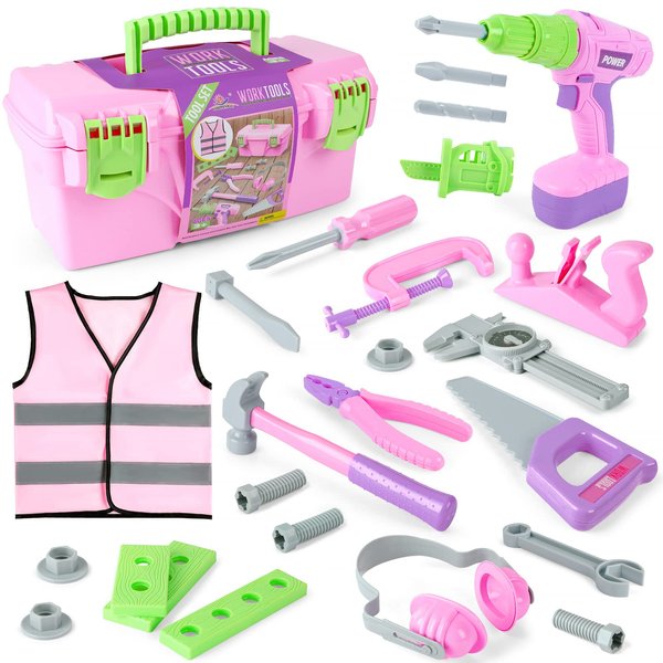 Kids Tool Set, Pink Toy Tool Set for Girls with Electric Drill, Hammer, Planer, Working Vest, Accessories and Storage Box, Construction Pretend STEM Toy Tool Kit for Toddlers Age 3 Years and Up