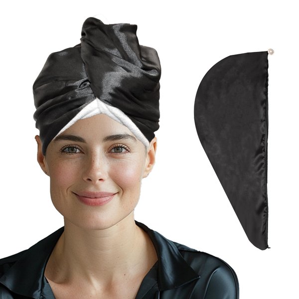 Bsofter Satin Microfiber Hair Towel Wrap for Women - Hair Drying Caps Extreme Soft,Anti Frizz Hair Drying Microfiber Towel for Curly Hair,Long&Thick Hair,Black