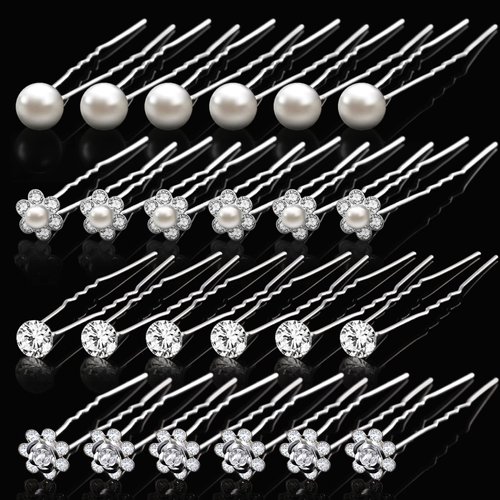 40 Pieces Pearl Hair Pins Wedding Bridal Hair Pins Rhinestone Flower Hair Pins U Shaped Hair Crystal Pins Metal Silver Pearl Bobby Pins Hair Jewelry Accessories for Brides Bridesmaids Thick Long Hair