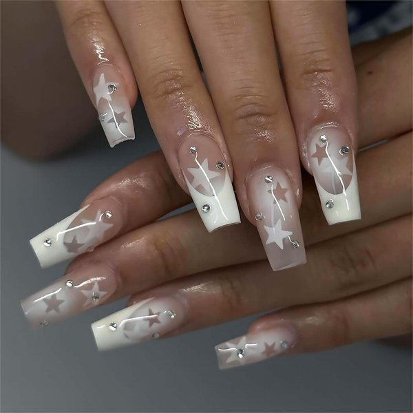 Vokupoga Long Press on Nails Coffin Fake Nails with Nails Glue Acrylic False Nails with Star Designs French White Tip Artificial Nail Press ons Reusable Natural Stick on Nails for Women 24Pcs