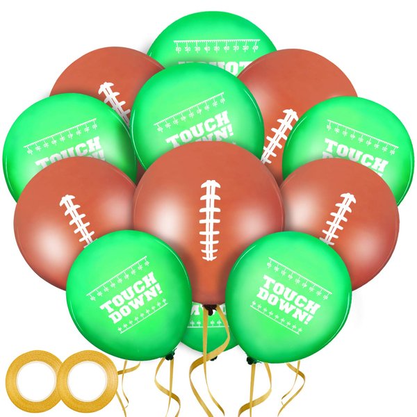 Skylety 60 Pieces 12inch Football Latex Balloons Sports Green Brown Field Football Themed Party Mini Decorations and 2 Gold Balloons Ribbon for Tailgate Game Day Gift Football Supplies Birthday Party