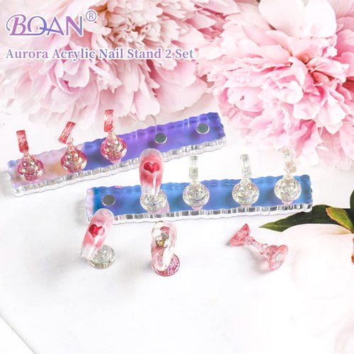 BQAN 2 Set Nail Holder for Painting Nails, Aurora Acrylic Nail Stand for Press on / Fake Nail Tips Training / Nails Display with 96 Pcs Reusable Adhesive Putty