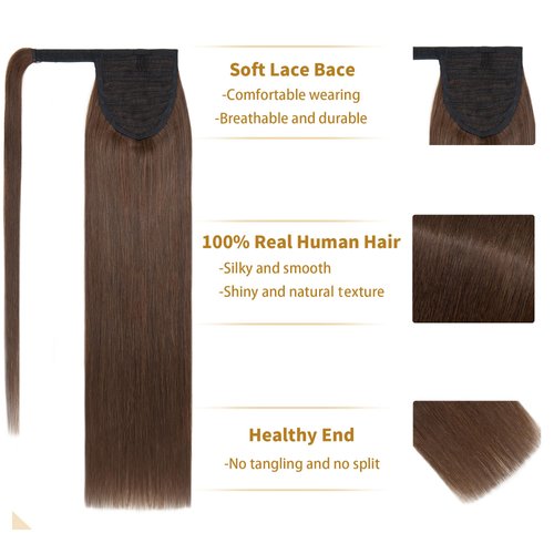SEGO Ponytail Extension Human Hair Real Human Hair Clip In Wrap Around Long Straight Ponytail With Magic Paste Pony Hairpieces for Women -16 Inch 80g 4 Medium Chocolate Brown