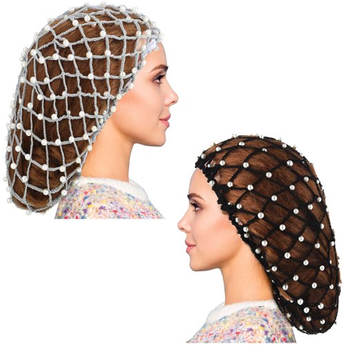 MTLEE 2 Pieces Snoods for Women Hair Mesh Crochet Hair Net with Pearl Rayon Hairnet Hair Wrap Hair Cover Ornament Rayon Knit for Sleeping (Black, Gray)