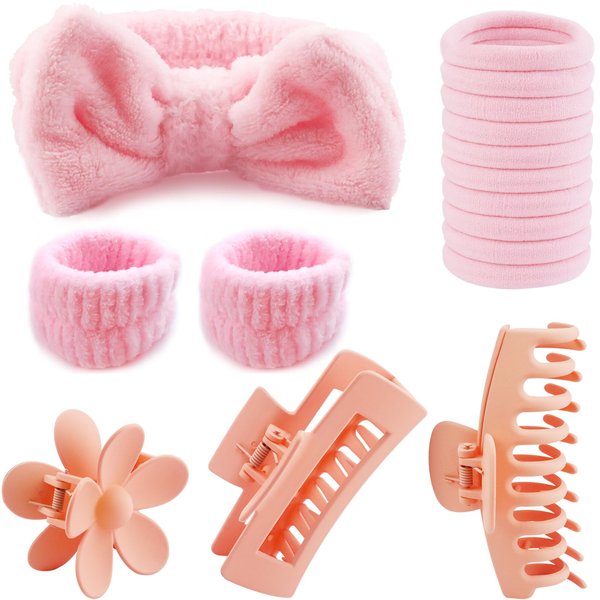 WORFACE 16 Pcs Face Wash Headband Wristband Hair Clips Ponytail Holders Set for Women, Soft Spa Bowknot Headband, Plastic Hair Claw Clips, Elastics Hair Tie for Facial Skincare Makeup (Pink, M)