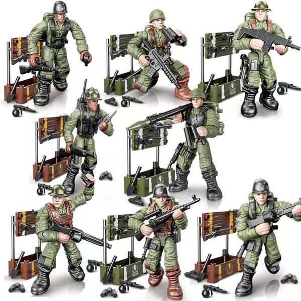 Uvini WWII Military Soldiers Action Figure with Weapons and Accessories Building Blocks Playset, 8 PCS 1:36 Scale Mini Army Men Figure, Multiple Movable Joints, Best Gift for Kids 8 9 10