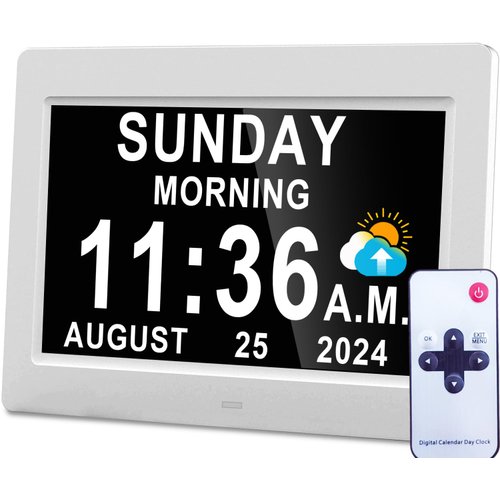 Véfaîî 2025 New, Digital Clock with Day Date 1280 * 800P HD, 19 Alarms Custom Reminders, 10 Levels Auto Dimmer Dementia Clock, 8 Display Colors, Auto DST, Remote & Buttons Control Easy for Elderly