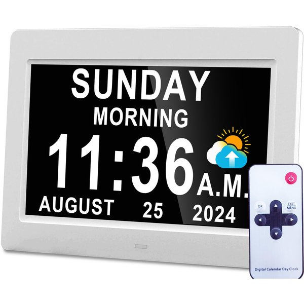Véfaîî 2025 New, Digital Clock with Day Date 1280 * 800P HD, 19 Alarms Custom Reminders, 10 Levels Auto Dimmer Dementia Clock, 8 Display Colors, Auto DST, Remote & Buttons Control Easy for Elderly
