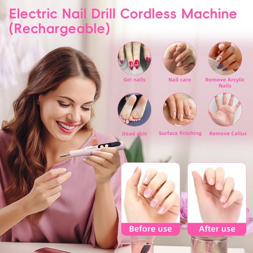 Rechargeable Electric Nail Drill Machine, Cordless Professional Nail File with LED Display for Acrylic Gel Dip Powder Nails, Efile Polishing Tools with Nail Drill Bits for Manicure and Pedicure (Pink)