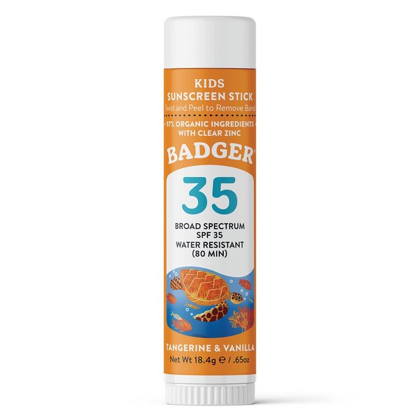 Badger Kids Sunscreen Stick SPF 35 with Mineral Zinc Oxide, Travel Size Sunscreen Stick for Kids, 97% Organic Ingredients, Reef Friendly, Broad Spectrum, Water Resistant, 65 oz