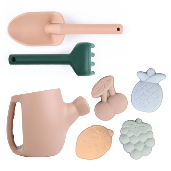 BLUE GINKGO Toddler Gardening Tools - Silicone Beach Toys, Garden Toys for Toddlers | Kids Shovel and Rake Set, Watering Can, Sand Molds | Outdoor Baby Gardening Set (Sand Pink)