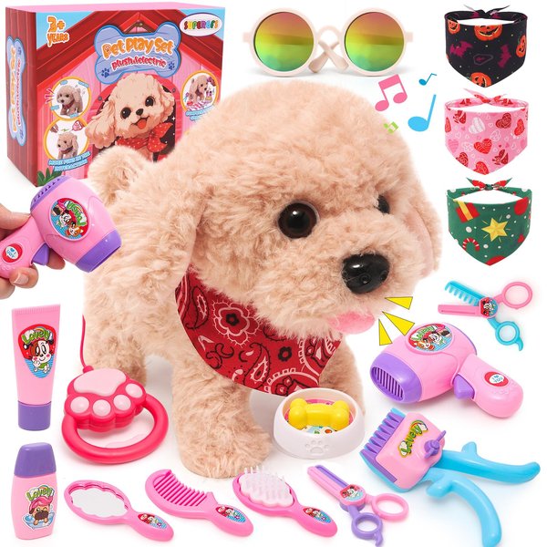 SUPERGFS Interactive Walking Plush Toy Dog Realistic Wagging Tail Robot Dog Dress Up Realistic Stuffed Animal Dog Christmas Birthday Gift Toys for Girls and Boys Kids Age 3 4 5 6